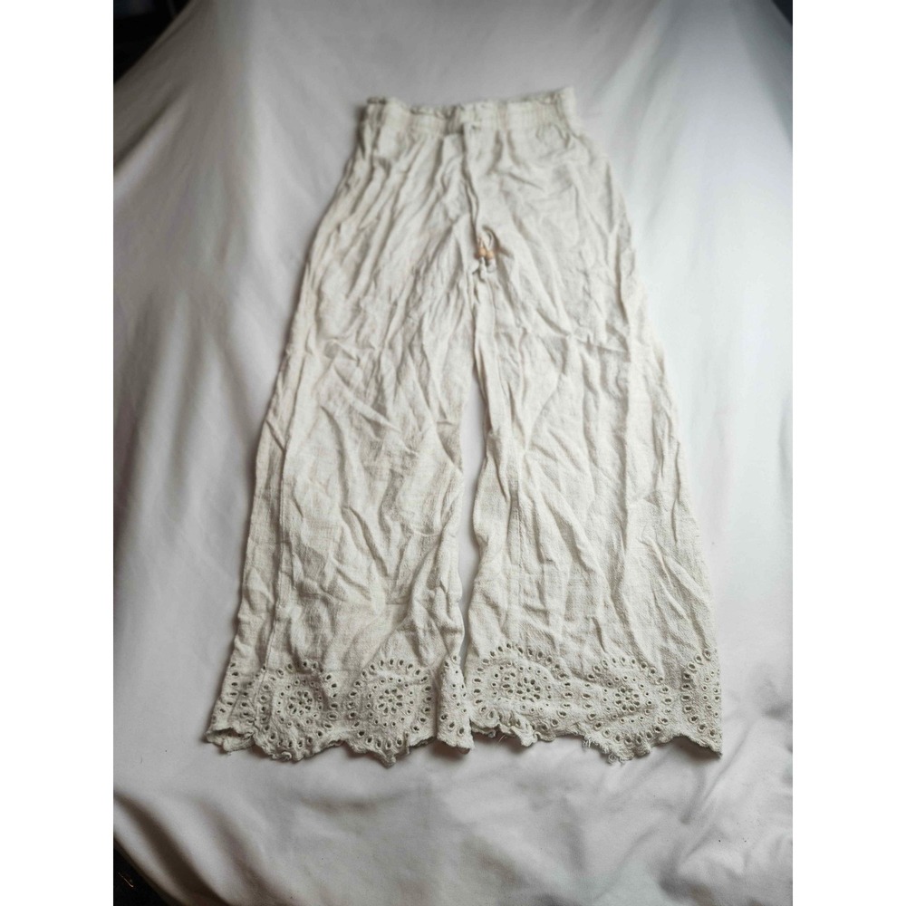 Haute Mode Ivory Linen Blend Eyelet Hem Wide Leg Boho Pants Womens Small